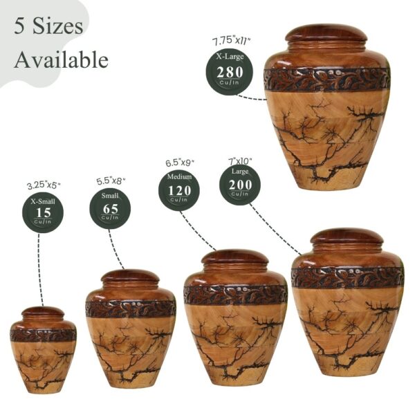 Multi-art Wood Urn - Lichtenberg Figures and Carved Design - Threaded Lid Opening