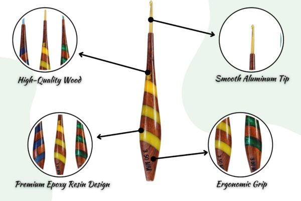 Wood & Resin Crochet Hooks Set with Aluminum Tips – 7 Sizes, Handcrafted with Resin Accents