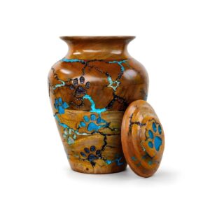 Handicrafts House Carved Paws wooden pet urn for ashes placed on a white background.