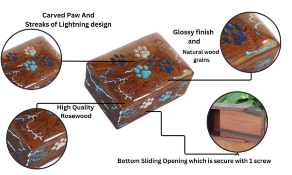 Lightning Streaks & Carved Paw Wooden Pet Urns for Ashes - 5 sizes