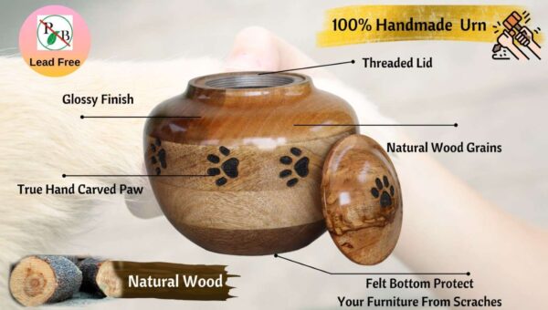 Carved Paw Wood Urn for Pet Ashes - 5 Sizes