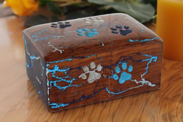 Lightning Streaks & Carved Paw Wooden Pet Urns for Ashes - 5 sizes