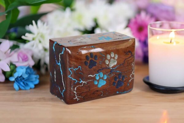Lightning Streaks & Carved Paw Wooden Pet Urns for Ashes - 5 sizes
