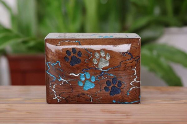 Lightning Streaks & Carved Paw Wooden Pet Urns for Ashes - 5 sizes