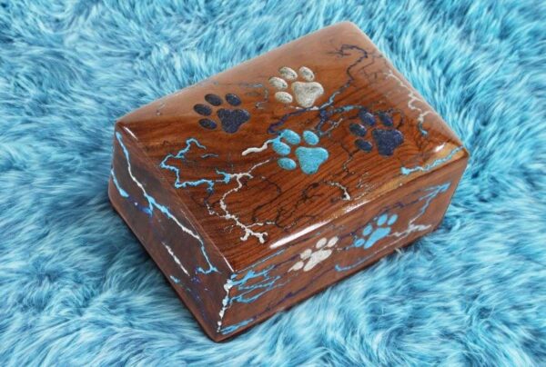 Lightning Streaks & Carved Paw Wooden Pet Urns for Ashes - 5 sizes