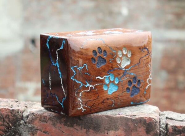 Lightning Streaks & Carved Paw Wooden Pet Urns for Ashes - 5 sizes